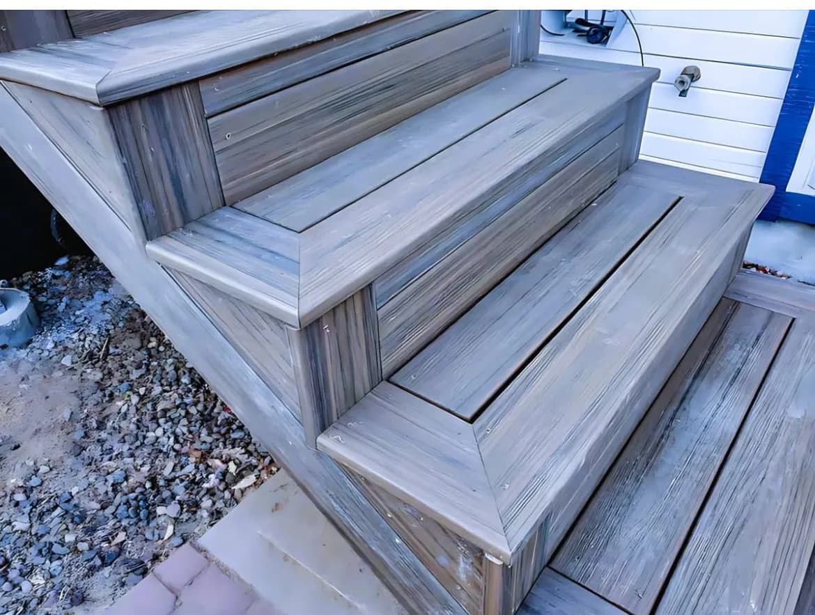 Close-up of gray composite deck step detail