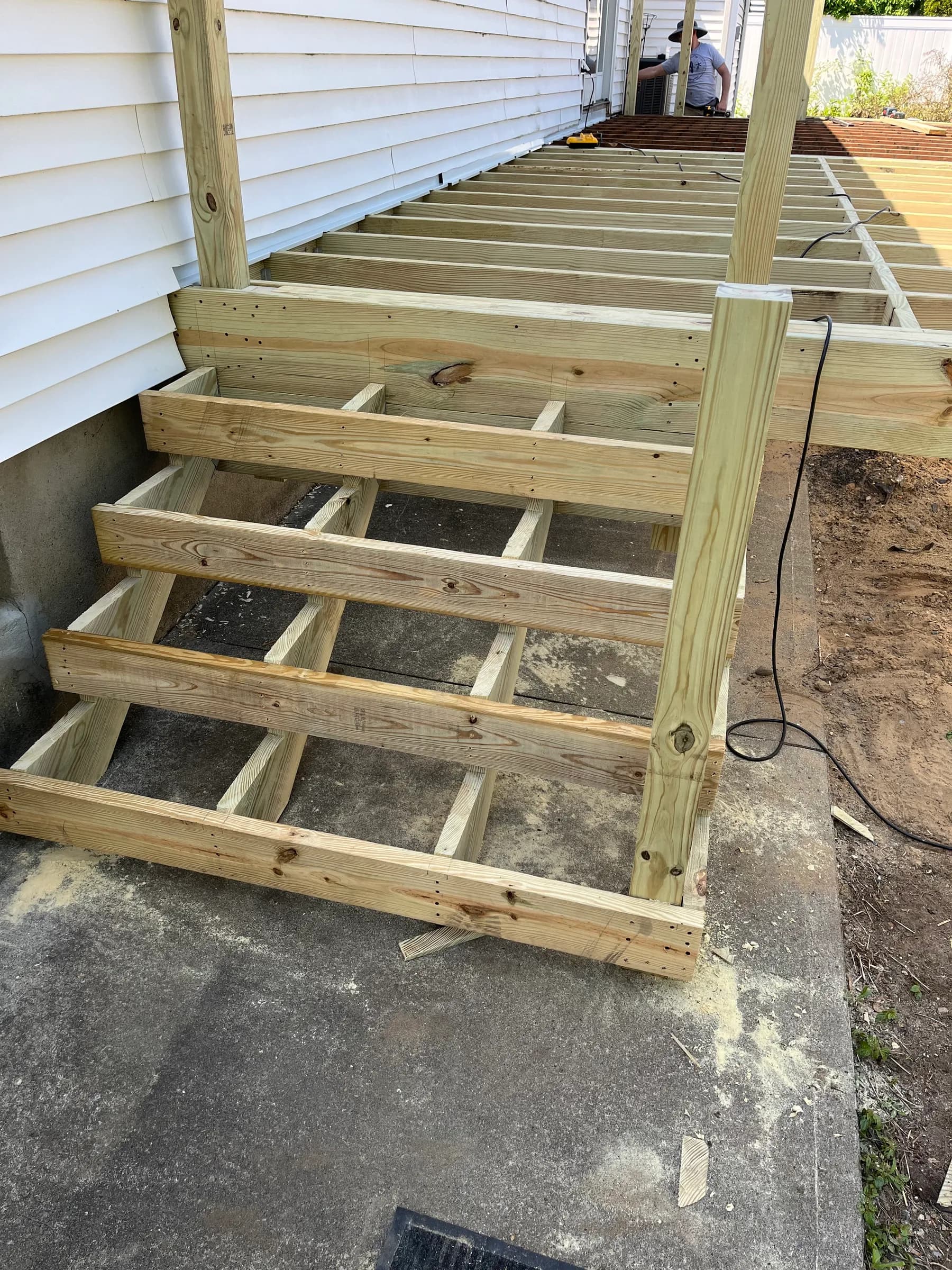 Wooden deck stair framing during construction