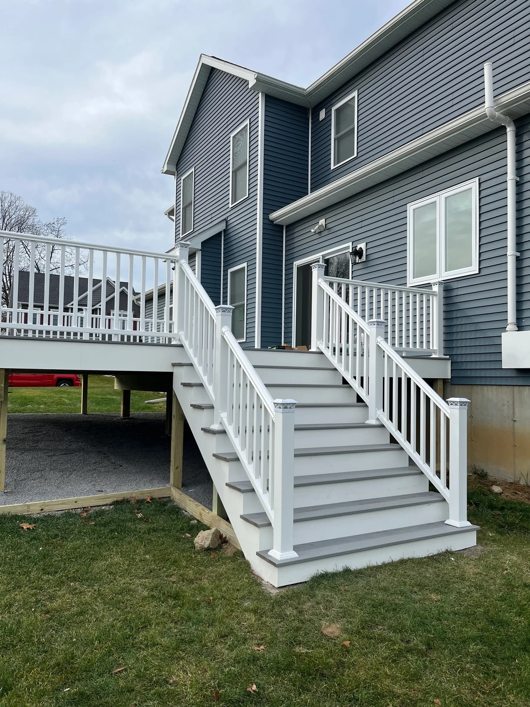 Elevated white deck with long side run